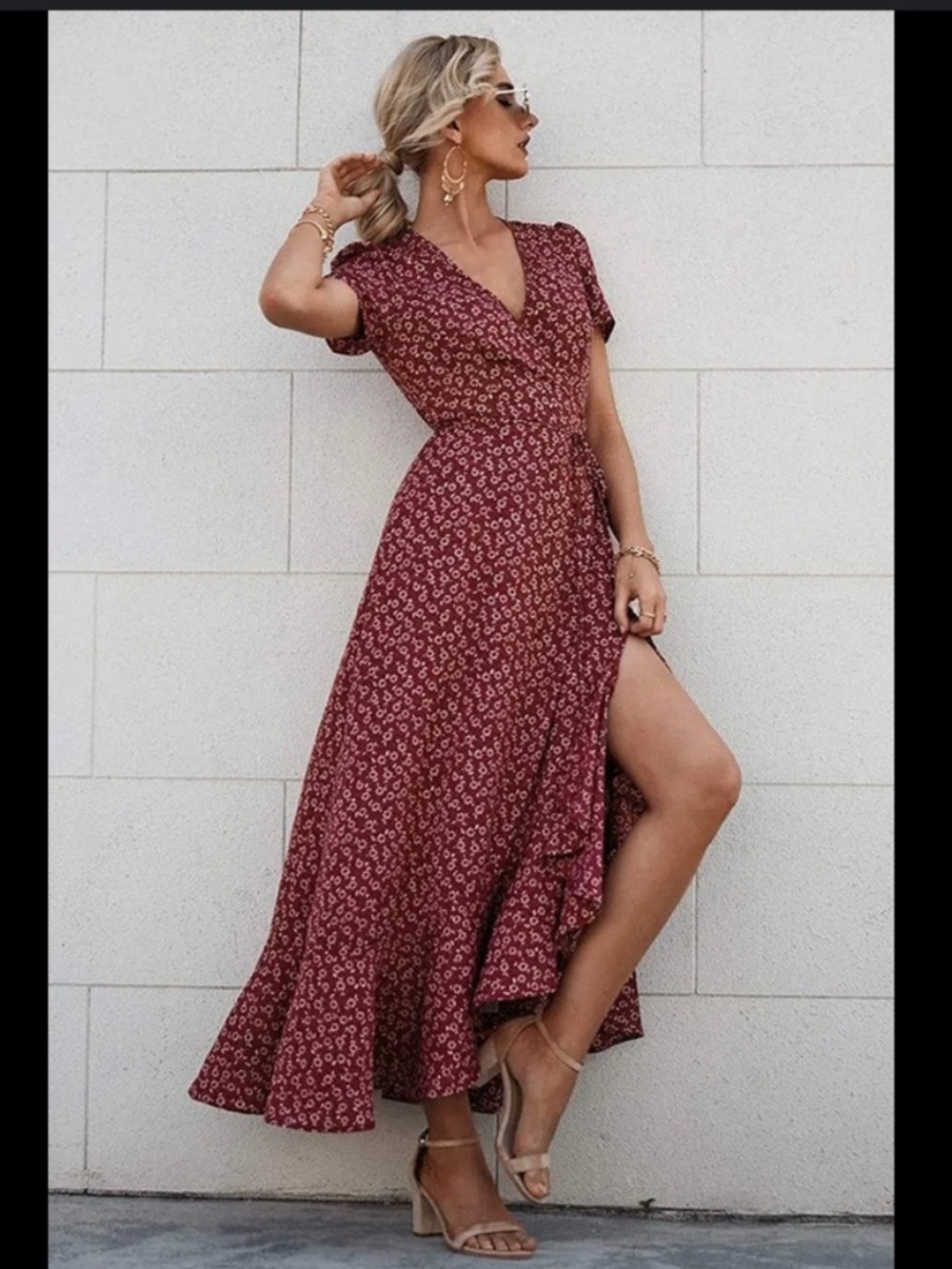 Women's Burgundy Floral Wrap Maxi Dress